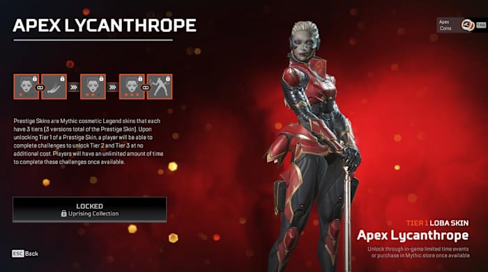 The first tier of Loba's Prestige Skin, Apex Lycanthrope, from the Uprising Collection Event in Apex Legends.